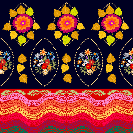 Seamless vector pattern with asters, chrysanthemums, wildflowers and yellow leaves on black background. Folk art textile collection.のイラスト素材