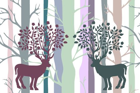 Seamless pattern with trees and deer on white background.のイラスト素材