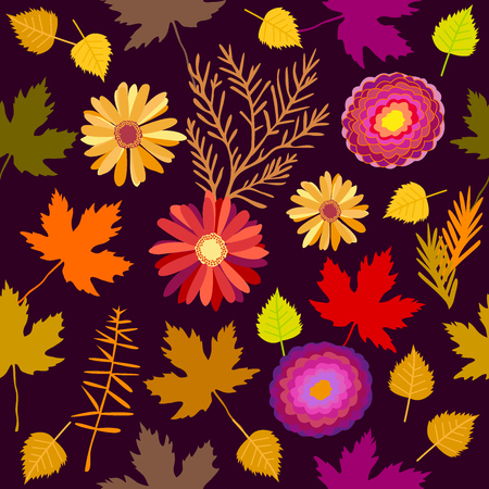 Seamless vector pattern with gerbera, asters, birch and maple leaves. 1950s-1960s motifs. Retro textile collection. On purple background.のイラスト素材