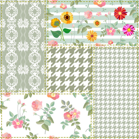 Set of checkered and floral seamless vector patterns. Vintage composition with roses, dog roses and gerbera. Retro textile collection.のイラスト素材