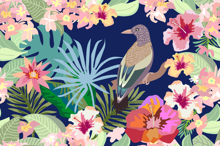 Seamless vector print with blooming exotic flowers and leaves.のイラスト素材