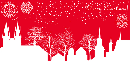 Christmas illustration with buildings and trees. Template for cards, invitations, tickets and covers.のイラスト素材