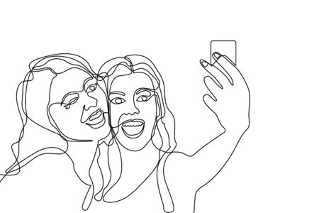 Continuous line drawing. Two young girls posing with smartphone.のイラスト素材