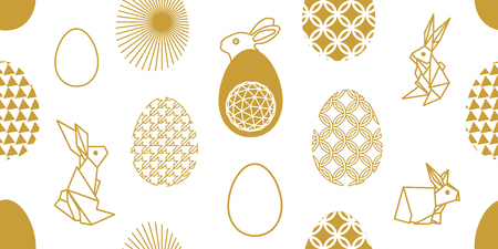 Seamless vector pattern with ornate eggs and other decorative elements. White and golden.のイラスト素材