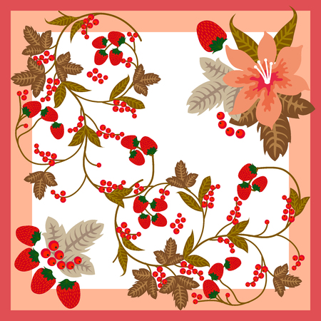 Silk scarf with flowers, strawberries and rowan. Vintage textile collection.のイラスト素材