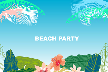beach party banner template with flowers on blue background Vector illustration.のイラスト素材