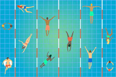 Summer water activities. people swimming in a pool. Vector illustration.のイラスト素材