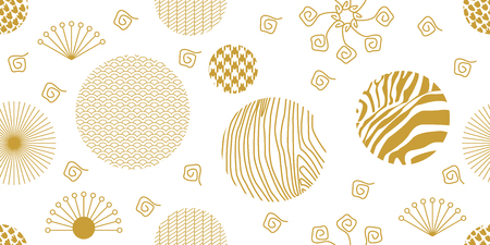 Seamless white and golden pattern with flowers, fans, ornate circles and other geometric elements.のイラスト素材