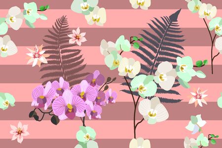 Trendy stripped pattern with blooming orchids and tropical leaves.のイラスト素材