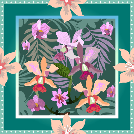 Squared silk scarf with orchids, palm leaves and blooming flowers on green background.のイラスト素材