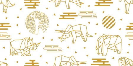 Seamless vector pattern with elephants, horses, rhinoceroses and abstract geometric elements. White and golden print with Japanese and Chinese paper art motifs.のイラスト素材