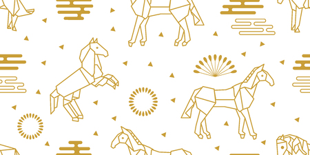 Seamless vector pattern with horses and abstract geometric elements. White and golden print with Japanese and Chinese paper art motifs.のイラスト素材