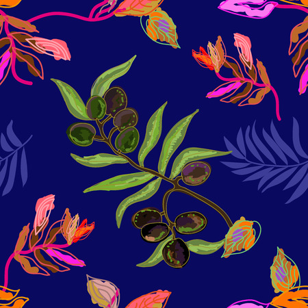 Sketchy botanical print with olive branch. Seamless floral pattern with digital art elements. Palm leaves and exotic flowers.  Colorful on blue background.のイラスト素材