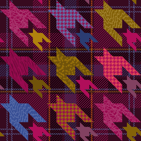 Colorful seamless pattern with hounds tooth motifs and different geometric elemets.のイラスト素材