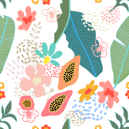 Seamless botanical pattern with tropical flowers and fruits inspired by 1950s-1960s design. Retro textile collection. On white background.のイラスト素材