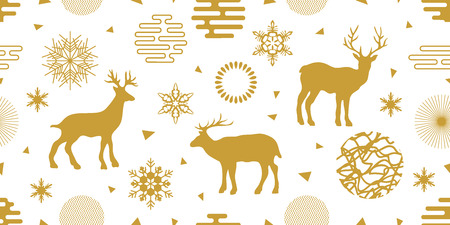 Seamless vector pattern with deers, snowflakes and abstract geometric elements. Simple design for packaging, cards and textile.のイラスト素材