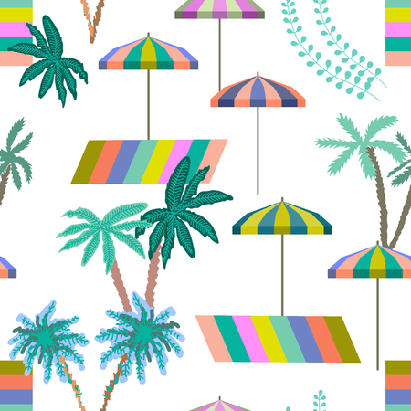 Seamless vector pattern with palms, umbrellas and beach towels. On contrast background.のイラスト素材