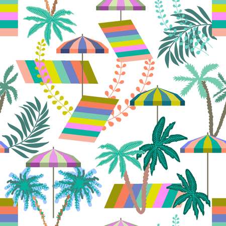 Seamless vector pattern with palms, umbrellas and beach towels. On contrast background.のイラスト素材