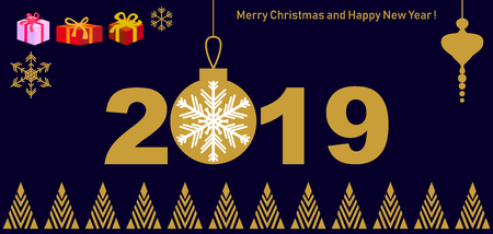 Abstract fir trees, gifts and festive decorations on black background.のイラスト素材