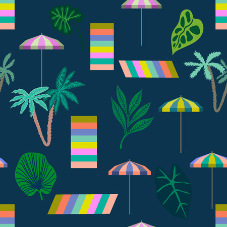 Seamless vector pattern with tropical leaves, palms, umbrellas and beach towels. On dark blue...