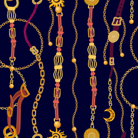 Seamless vector pattern with straps, chains and jewelry elements. Women's fashon collection.のイラスト素材