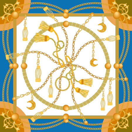 Silk scarf with golden chains, leather tie and curtain brushes.  Women's fashon collection.のイラスト素材