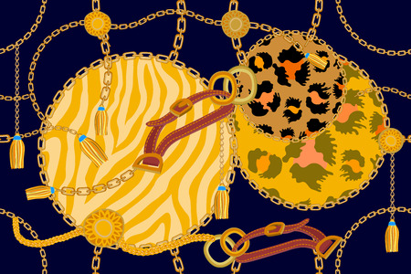 Seamless vector pattern with leopard spots, zebra stripes and jewelry elements. Women's fashon collection.のイラスト素材