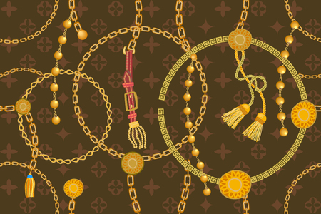 Seamless vector pattern with straps, chains and coins. Vintage textile collection.のイラスト素材