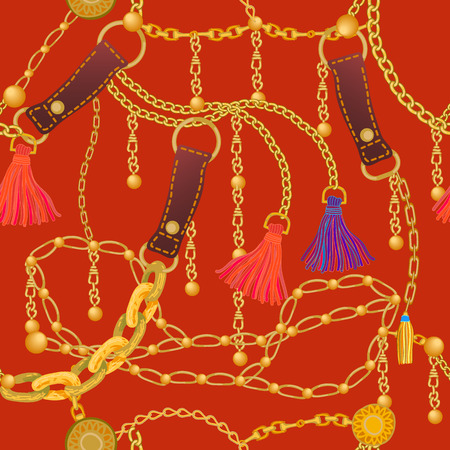 Trendy print with different chains, leather straps and colorful brushes. Women's fashon collection.のイラスト素材