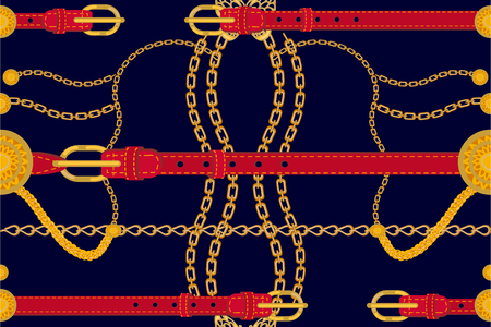 Seamless vector pattern with golden chains, red leather belts and other decorative elements. Women fashion collection.のイラスト素材