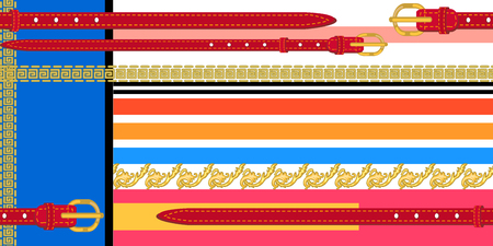 Seamless vector pattern with golden chains, red belts and other decorative elements. Women fashion collection.のイラスト素材