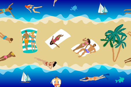 People sunbathing on the beach and swimming in the sea. Holiday design concept.のイラスト素材
