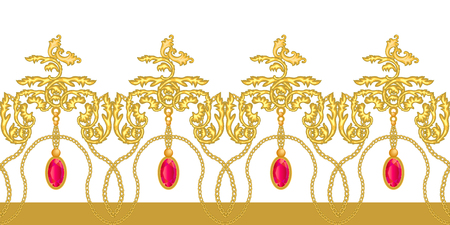 Realistic scrolls, chains, rubins and other decorative elements on contrast background. Vintage design collection.のイラスト素材