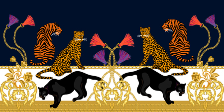 Black panteras and golden scrolls on contrast backgrouns. Template for cards, covers and textile design.のイラスト素材