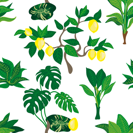 Seamless vector pattern with lemon trees and palms. Tropical textile collection.のイラスト素材