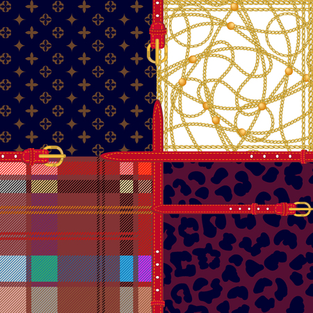Four seamless patterns and red leather belts. Checkered plaid, scarf with golden chains, animal print and geometric ornament.のイラスト素材