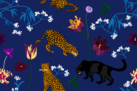 Seamless vector pattern with tigers, leopards, panthers and wildflowers.のイラスト素材