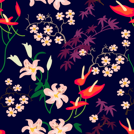 Seamless floral pattern with maple branches, callas, blooming sakura and other plants. Oriental collection.のイラスト素材
