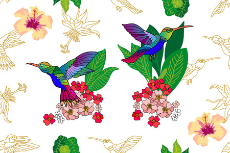 Silk scarf with  humming birds, palm leaves and blooming flowers. Vintage textile collection.のイラスト素材