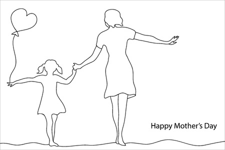 Mom and daughter together. Continuous line drawing. Simple linear design for covers, banners, posters.のイラスト素材