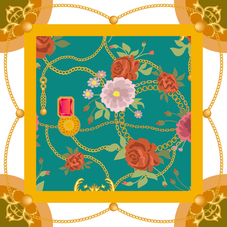 Vintage floral print with Japanese motifs. Oriental textile collection.のイラスト素材