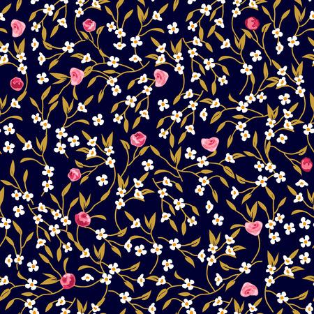 Seamless vector pattern with summer garden flowers on black background. Retro textile collection.のイラスト素材