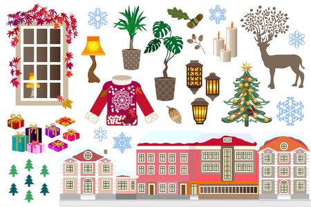 Winter town, window with warm lamp light, home plants, woolen sweater, Christmas gifts, Xmas tree, snowflakes and other symbols.のイラスト素材