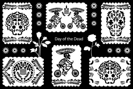 Paper cut flags with festive design elements. Skulls, skeletons and floral ornaments inspired by Mexican art.のイラスト素材