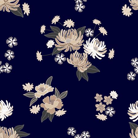 Beautiful asters, chrysanthemums and other garden flowers on black background. Oriental textile collection.のイラスト素材