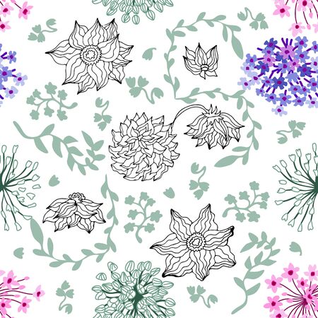 Trendy fabric pattern with miniature wildflowers. Botanical seamless print with different  elements.のイラスト素材