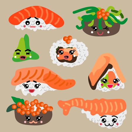 Sushi, rolls and vasabi with different face emotions.のイラスト素材