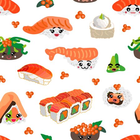 Vector print with Japanese food elements. Template for cards, menu, packagings, napkins. On white background.のイラスト素材