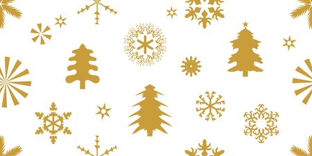 Golden Xmas trees, snowflakes and other decorations on white background. Template for cards and gift wrappings.のイラスト素材