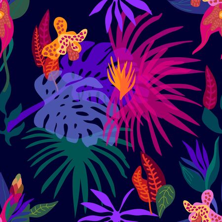 Colorful palm leaves and blooming orchids on dark background.のイラスト素材